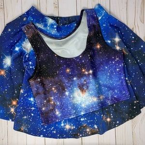 Pink Queen Womens Printed Crop Top Pleated Skater Rave Skirt 2 Piece Set